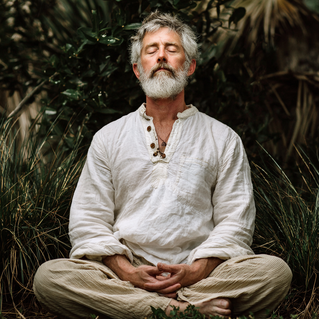 Мъж на 58 години седи в медитативна поза с затворени очи в тиха природна обстановка