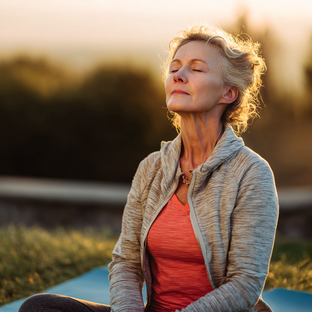 Жена на 62 години прави дишащи упражнения на йога постелка на открито